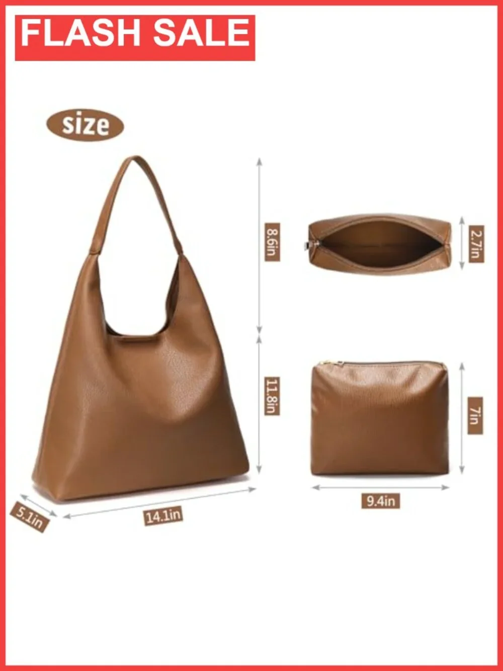 Vegan Leather Slouchy Hobo Shoulder Bag with Makeup Bag